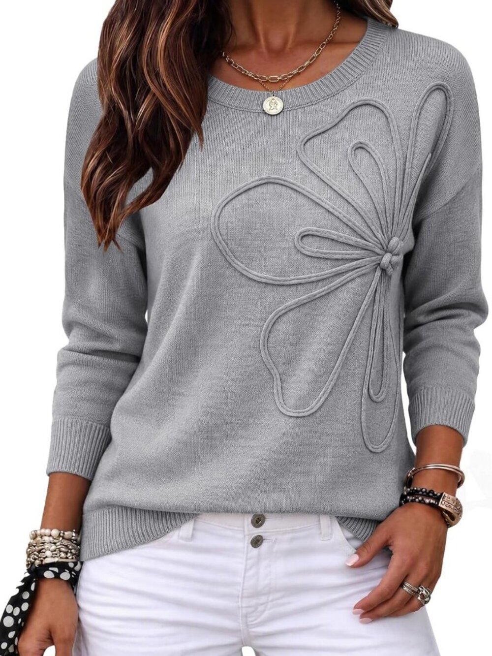 Floral AppliquΓ© Crewneck Sweater - Long Sleeve Pullover for Women, Cozy Knit Top